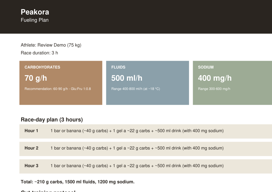 Preview of the first page of the fueling PDF: four gauge cards for carbohydrates, fluids, sodium and caffeine