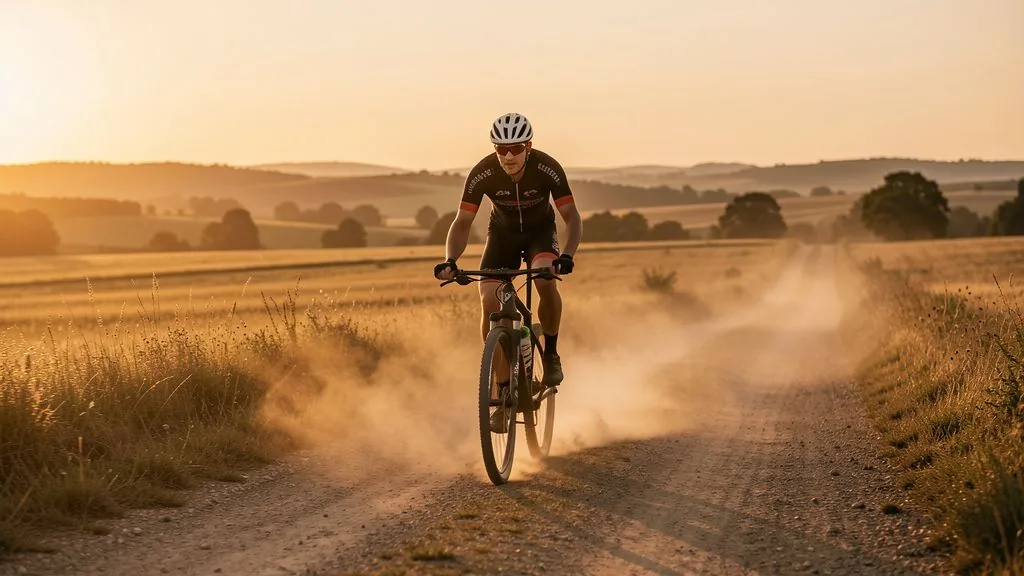 Gravel rider at sunset on a gravel road