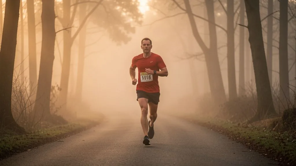 Marathonläufer auf einer ruhigen Straße im Morgenlicht
