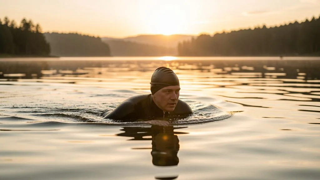 Triathlete swimming in a lake at sunrise